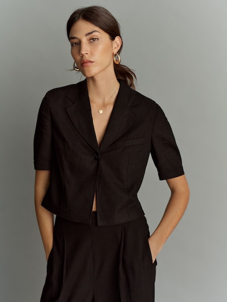 Schwarz - Cropped Linen Blend Boxy Top (Q91195) | 19 €