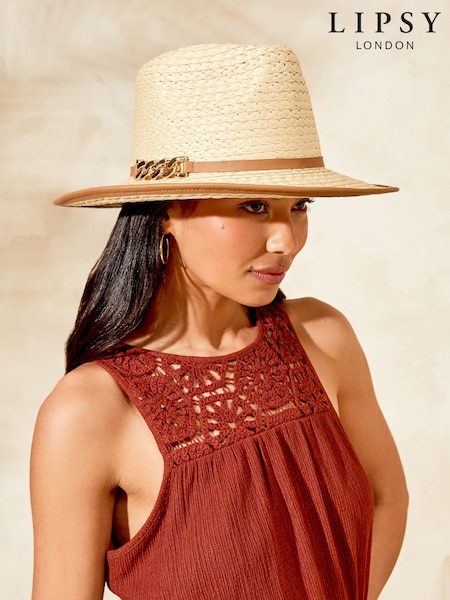 Lipsy Neutral/PU Chain Straw Fedora Hat (Q91264) | €11