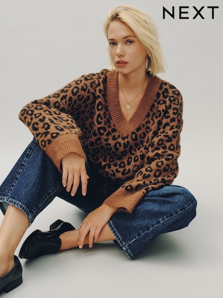 Marron imprimé léopard - Long Sleeve V-neck Knit Jumper With Wool
