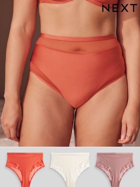 Rust/Cream/Neutral Mesh Trim High Waist High Leg Knickers 3 Pack (Q91612) | €14.50