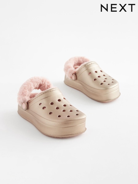 Металлик - Faux Fur Lined Chunky Clog Slippers (Q91796) | €13 - €16
