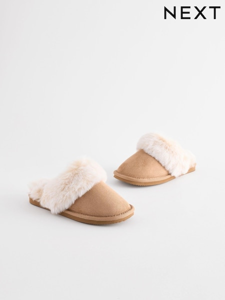 Tan Brown Faux Faur Lined Mule Slippers (Q91800) | €21 - €25