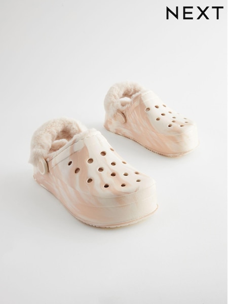 White Brown Marble - Faux Fur Lined Chunky Clog Slippers (Q91834) | €13 - €16
