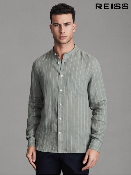 Reiss Sage Stripe Ocean Linen Grandad Collar Shirt (Q91935) | AED706