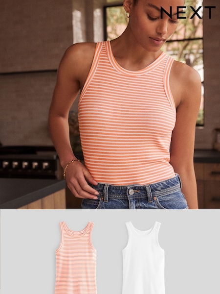 Orange Stripe/White High Neck Ribbed Racer Vest Tops 2 Pack (Q92039) | €13.50