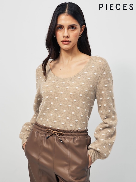 PIECES Cream Long Sleeve Textured Polka Dot Jumper (Q92215) | 86 QAR