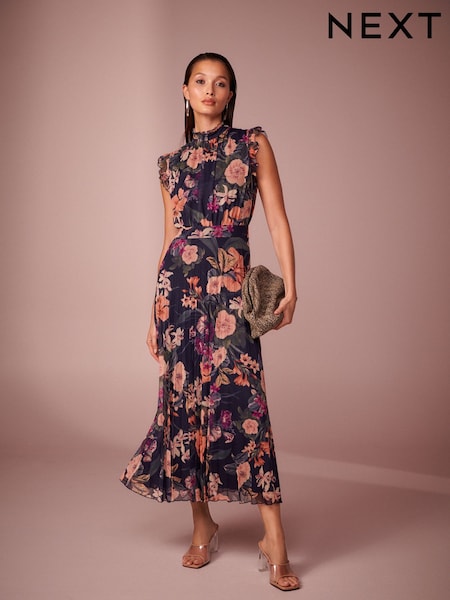 Navy Floral Print Pleated Mesh Floral Occasion Midi Dress (Q92439) | € 50