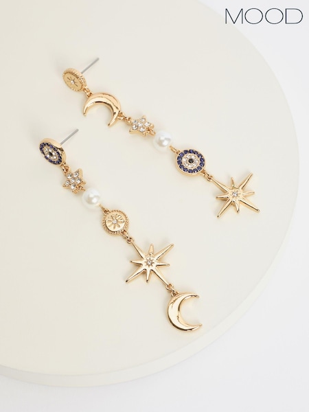 Mood Gold Tone Celestial Mismatch Drops Earrings (Q92640) | AZN 43