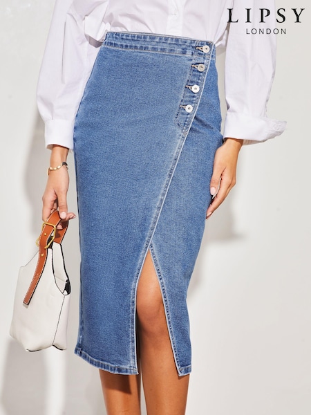 Lipsy Denim Asymmetric Button Midi Skirt (Q92809) | ‏123 د.إ.‏
