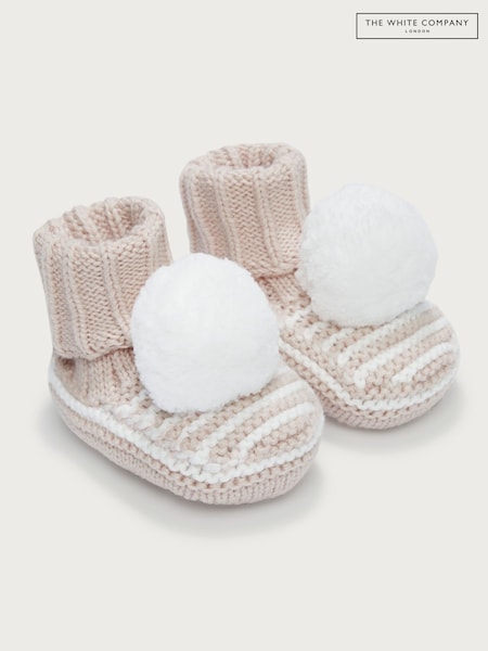 The White Company Cream Cotton Stripe Knitted Pom Booties (Q92851) | AED52