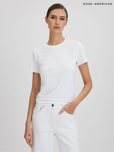 Good American White Cropped Cotton Crew Neck T-Shirt (Q92975) | ₪226