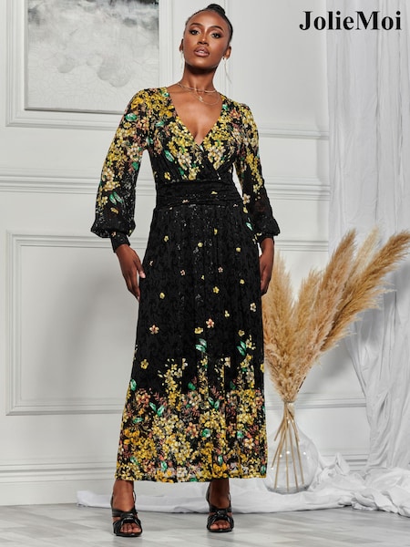 Negru &Galben - Rochie Dantelă maxi Imprimeuri simetrică Jolie Moi Amica (Q93017) | 396 LEI