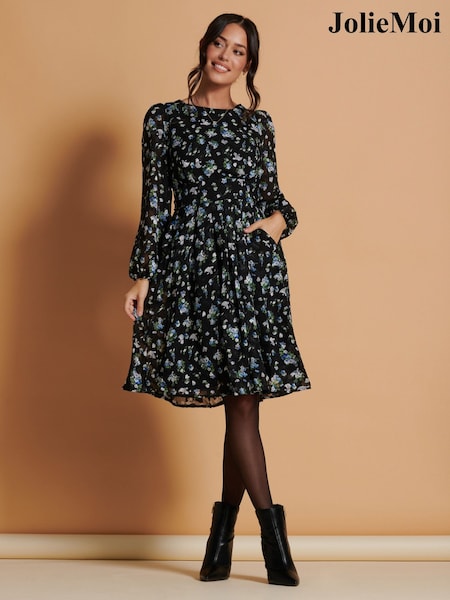 Jolie Moi Long Sleeve Chiffon Midi Dress (Q93018) | 232 LEI