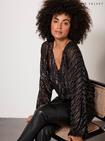 Mint Velvet Black Metallic Wrap Top (Q93133) | €40