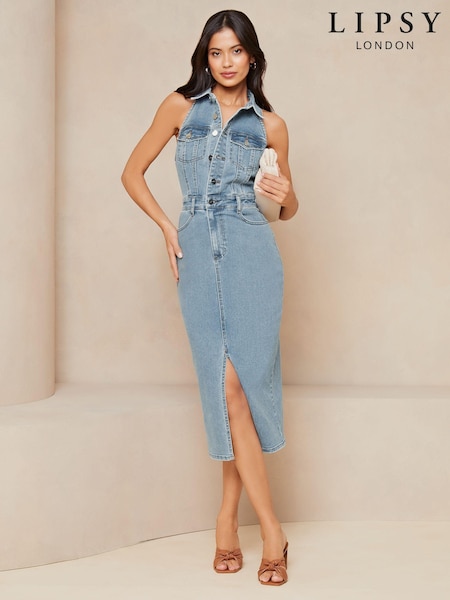 Lipsy Denim Halter Midi Shirt Dress (Q93226) | €36