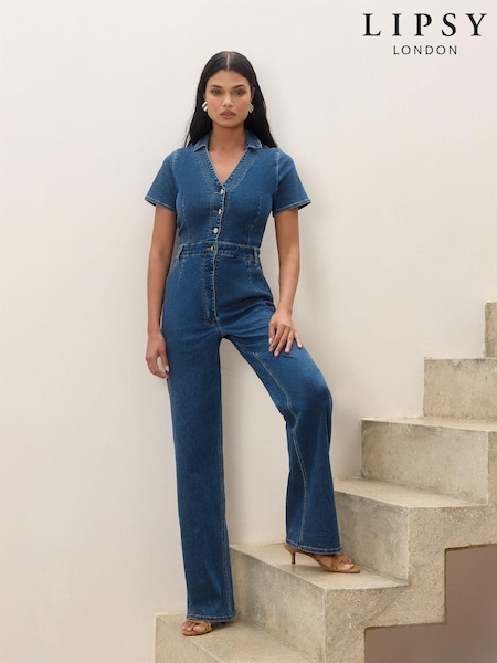 Синий - Lipsy Denim Short Sleeve Button Through Jumpsuit (Q93273) | €30