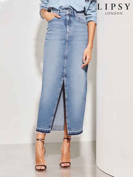 Lipsy Mid Wash Navy Blue Denim High Rise Split Front Maxi Skirt (Q93274) | €14