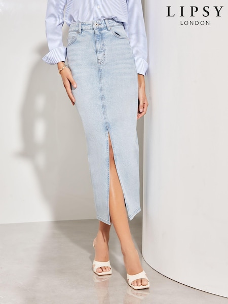 Lipsy Bleach Denim Blue Denim High Rise Split Front Maxi Skirt (Q93275) | €11