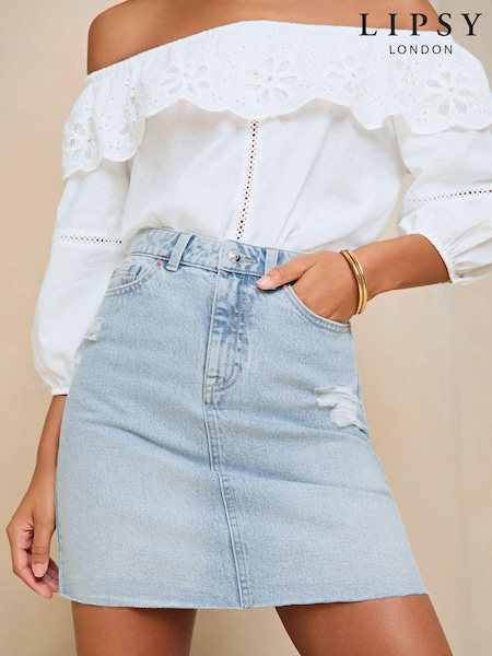 Lipsy Light Wash Navy Blue Denim High Waist Mini Skirt (Q93276) | €7