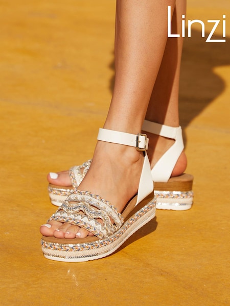 Linzi White Boheme Flatform Sandals With Embellished Trim Detail (Q93290) | €24