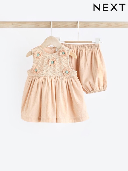 Beige Crochet Detail Baby 100% Cotton Woven Dress And Bloomer Set (0mths-2yrs) (Q93364) | €10 - €11