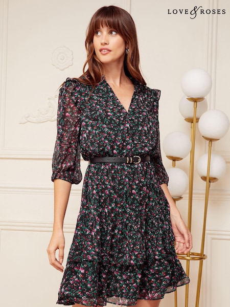 Love & Roses Chiffon V Neck Elasticated Sleeve Belted Mini Dress (Q93708) | 196 LEI