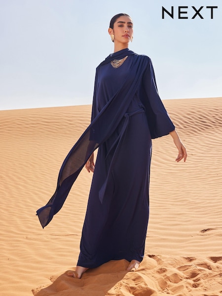Navy Long Sleeve Scarf Maxi Dress (Q93751) | €19
