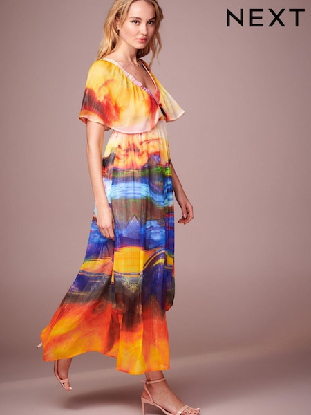 Multi Scenic Print Angel Sleeve Tiered Maxi Dress (Q93802) | €16