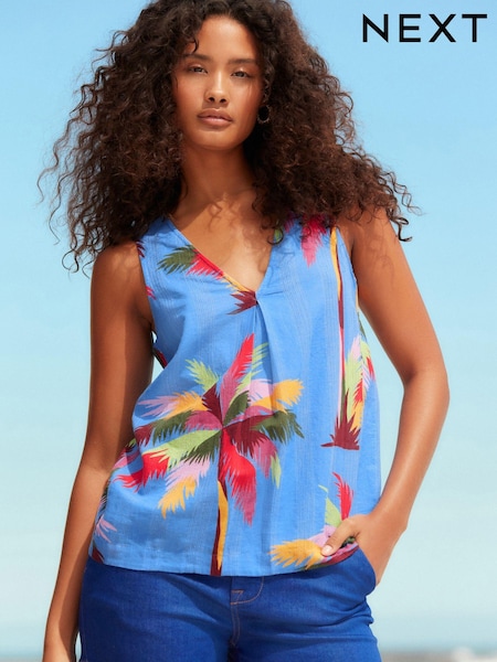 Blue Palm Print Linen Blend V-Neck Summer Top (Q93805) | €15