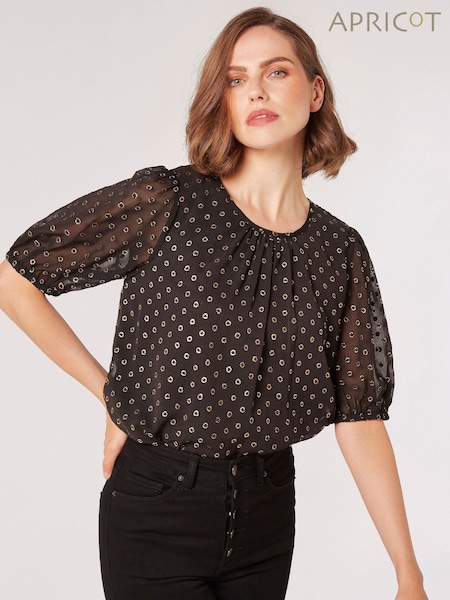 Apricot Black Foil Spot Puff Sleeve Pleat Detail Top (Q93847) | €21.50