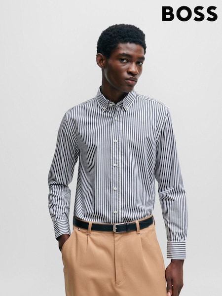 BOSS Blue Casual Fit Button-Down Shirt In Striped Cotton Twill (Q93857) | €63