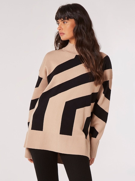 Apricot Natural Oversized Step Stripe Mock Neck Jumper (Q93858) | €47