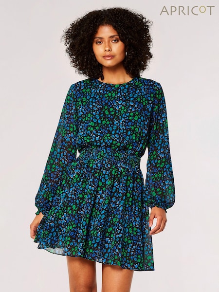 Apricot Blue Graphic Animal Chiffon Long Sleeve Dress (Q94137) | AED97