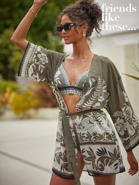 Verde kaki - Friends Like These mini caftan kimono cu centură (Q94201) | 129 LEI
