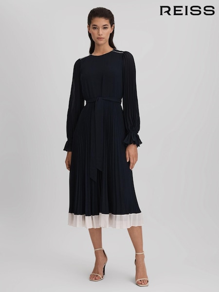 Reiss Navy/Cream Priya Pleated Belted Midi Dress (Q94232) | €300