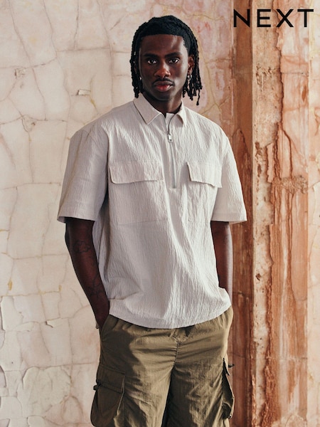 Grey EDIT Seersucker Short Sleeve Shirt With Zip (Q94338) | €11