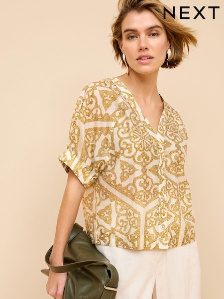 Ochre Yellow Tile Print Short Sleeve V-Neck Buttoned Front Blouse (Q94357) | €12