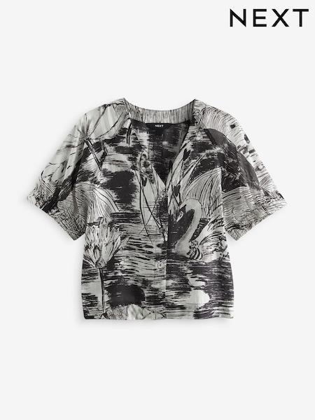 Black/White Sketch Print Short Sleeve V-Neck Buttoned Front Blouse (Q94361) | €14