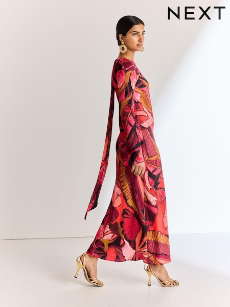 Red/Pink Abstract Floral Long Sleeve Scarf Maxi Dress (Q94577) | € 22