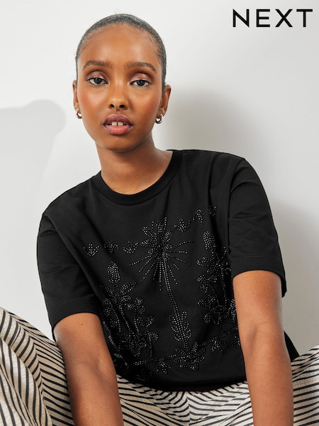 Black 100% Cotton Palm Print Beaded Sparkle Holiday Short Sleeve T-Shirt (Q94670) | €6