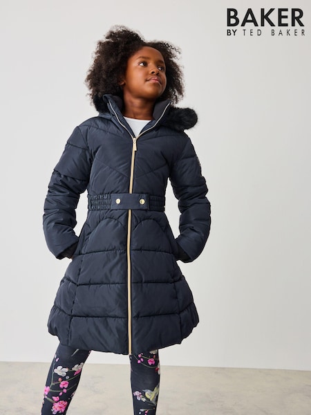 Bleumarin - Baker by Ted Baker Navy Shower Resistant Padded Belted Skirt Coat (Q94672) | 313 LEI - 342 LEI