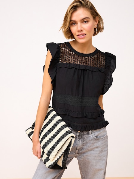 Schwarz - Bluse mit Rüschenärmeln und Spitzeneinsatz aus 100 % Baumwolle für den Sommer (Q94704) | 10 €