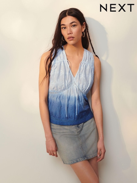 Blue Dip Hem Broderie Sleeveless 100% Cotton Tie Top (Q94735) | €7