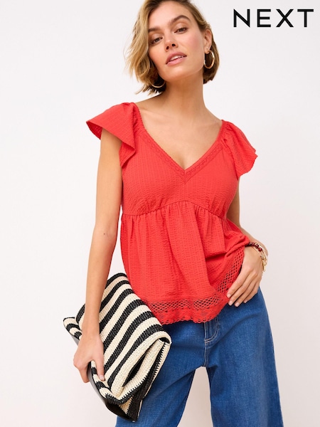 Red 100% Cotton Lace Trim Flutter Sleeve Summer Holiday Top (Q94738) | €6