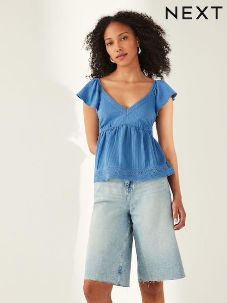 Blau - 100% Cotton Lace Trim Flutter Sleeve Summer Holiday Top (Q94739) | 5 €