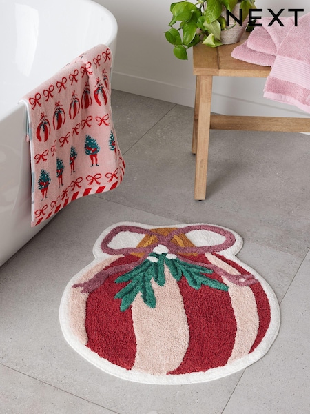 Red/Pink Christmas Bauble Bow Shaped 100% Cotton Bath Mat (Q94783) | €10.50