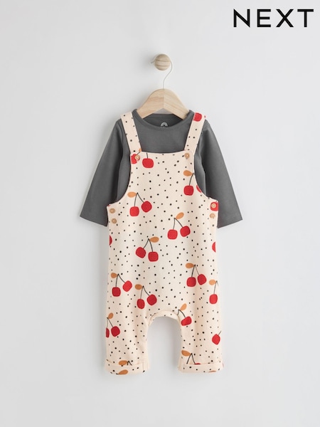 Cream Cherry Print Baby Jersey Dungarees & Long Sleeve 100% Cotton Bodysuit Set (0mths-2yrs) (Q94786) | €10 - €11.50