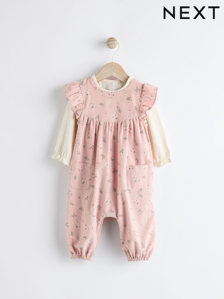 Pink Floral Baby Corduroy 100% Cotton Dungarees and Long Sleeve Bodysuit Set (0mths-2yrs) (Q94787) | $31 - $34
