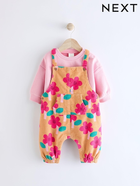 Jaune ocre/ Rose Fleuri  - Ensemble salopette bébé en velours côtelé 100% coton et body à manches longues (0mois -2ans) (Q94793) | € 16 - € 18