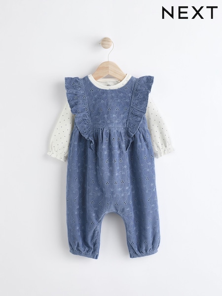 Navy Blue Broderie Baby Corduroy 100% Cotton Dungarees and Long Sleeve Bodysuit Set (0mths-2yrs) (Q94796) | $33 - $36